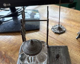 Antique Cast Iron glass inkwell set 