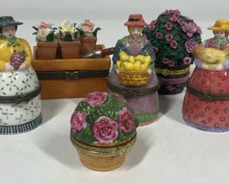 Vintage Porcelain Trinket Box Figural Ladies, Floral  Hinged Boxes