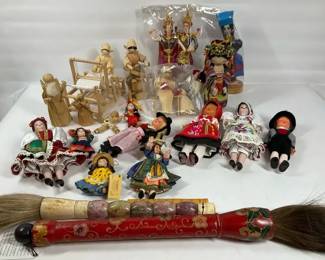 International Folk Art Doll Lot w Wooden Figures  Asian Calligraphy Brushes