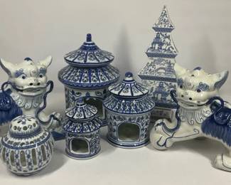 Blue  White Chinoiserie Decor Foo Dogs, Pagoda, Lidded Houses  Bombay Pot