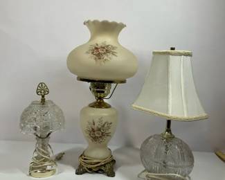 Vintage Table Lamp Trio w Floral Glass  Cut Crystal Bases