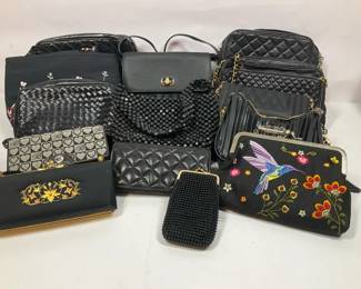 Black Handbag Collection Including Quilted, Beaded, and Embroidered Styles