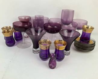 Amethyst Purple Glassware with Gold Trim, Goblets, Cordials, Bowls  Plates