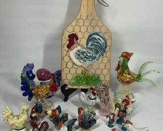 Rooster Decor, Farmhouse Chicken Figurines, Glass  Painted Board