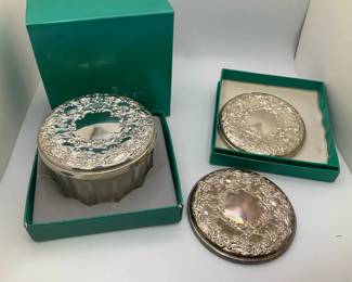 Towle Silver Dresser Jar and Mirror Compact Set with Boxes