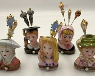 Limoges Peint Main Lady Head Trinket Boxes w Hat Pins