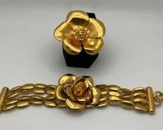 Vintage Chanel Camellia Brooch  Bracelet Set, Gold Tone, Made in France