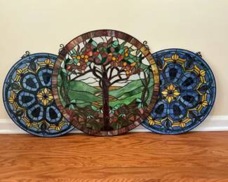 Stained Glass Panels Decorative Tree Scene with Two Blue Floral Panels