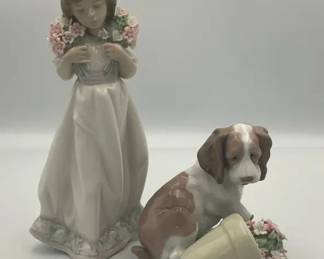 Lladro Porcelain Figurines 2 Girl with Flowers  Dog with Flower Pot