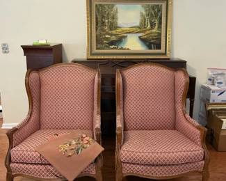 Pair Vintage Wingback Chairs French Style Upholstered