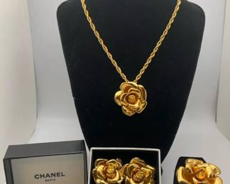  02 Vintage Chanel Camellia Jewelry Set Necklace, Earrings  Brooch, 1996 Gold Tone