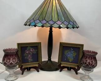 Vintage Tiffany Style Stained Glass Table Lamp Floral Art Prints Purple Glass Votives Set