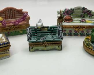 Peint Main Limoges Figural Trinket Boxes Benches, Garden Scene  Decorative Forms 5 Pieces