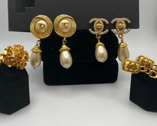Vintage Chanel Gold Tone Earrings, CC Logo, Pearl Drop, and Floral Designs Made in France
