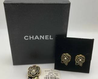 Chanel Camellia Pearl  Black Enamel Earrings and Brooch Set with Box