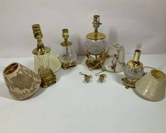 Vintage Crystal  Brass Table Lamps Lot w Shades Finials Accent Lighting