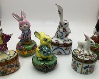  05 Peint Main Limoges Bunny Trinket Boxes Hand Painted French Porcelain Rabbit Collection 6 Pieces