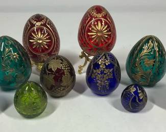 Vintage Russian HandPainted Glass Eggs, Jewel Tone Cut Crystal Look