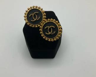 Vintage Chanel Black Enamel CC Logo Button Earrings, Gold Tone, Made in France