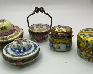 Peint Main Limoges Hat Form Trinket Boxes Hand Painted French Porcelain 5 Pieces