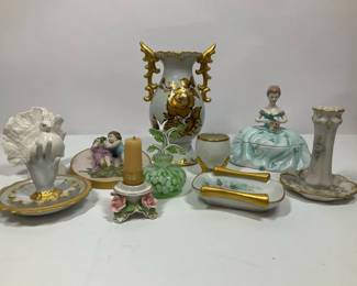 Porcelain Decor Collection Including Vase, Figurines, and Hand Painted Pieces