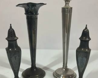 Sterling Silver Cement Loaded Table Decor, Candlestick, Vase  Pair of Shakers