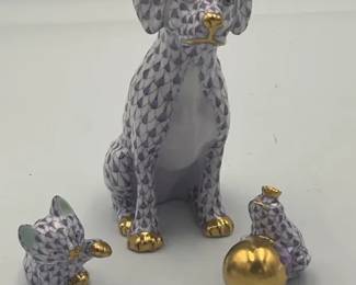 Herend Hand Painted Porcelain Dog Figurines Fishnet Pattern Set Hungary