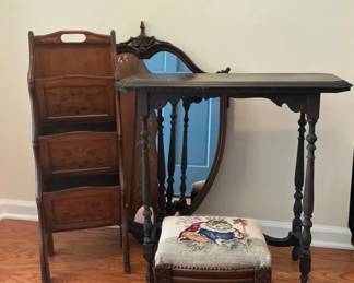 Vintage Furniture Lot Table Mirror Magazine Rack Stool