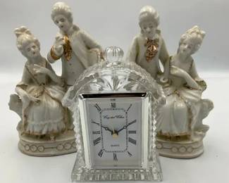 Victorian Style Porcelain Figurines  Crystal Quartz Clock Decorative Lot