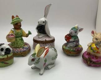 Peint Main Limoges Rabbit Trinket Boxes  Figural Bunny  Garden Theme Lot 6 Pieces
