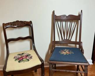 Pair Vintage Wood Chairs Needlepoint Seats Accent