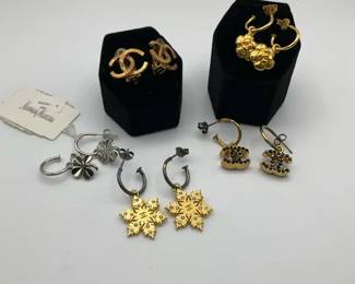Vintage Chanel Designer Earring Lot Multiple Pairs CC Logo Rhinestone Gold and Silver Tone