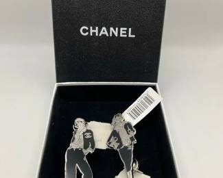 Vintage Chanel 2003 Silver Tone and Black Enamel Double Figural Brooch