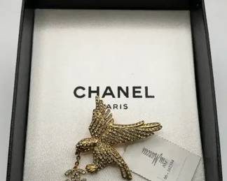 Chanel Rhinestone Eagle Bird Brooch with Dangling CC Charm in Box