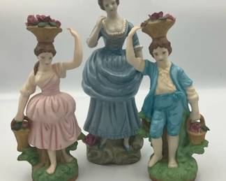 Vintage Porcelain Figurines, Hand Painted European Style Basket Figures B. Saye