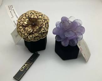 Two Vintage Chanel Camellia Brooches Filigree Gold Tone  Lavender Resin Flower
