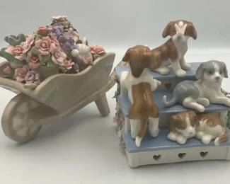 Anna Rosa Music Box Figurines Puppies  Floral Wheelbarrow Set