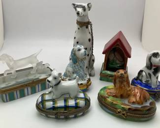 Peint Main Limoges Dog Trinket Boxes Figural Canine Collection with Rochard 7 Pieces