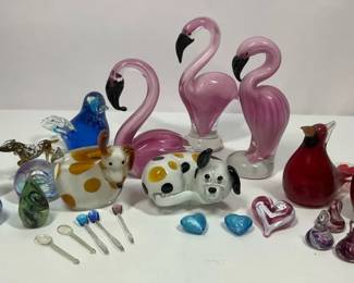 Art Glass Animal and Decorative Figurine Collection Including Flamingos and Birds