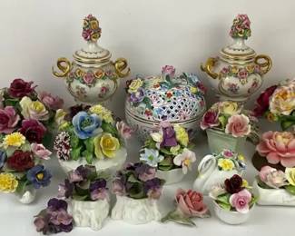 Capodimonte Style Porcelain Floral Figurines, Arrangements  Lidded Urns