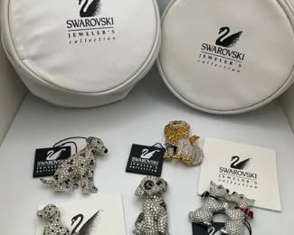 Swarovski Jeweled Dog Brooch Crystal Pave Pins with Cases 5 Pieces