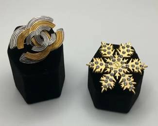 Two Vintage Chanel Brooches TwoTone Interlocking CC  Rhinestone Snowflake