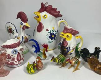 Italian Pottery Rooster Pitchers  Art Glass Bird Figurines Lot