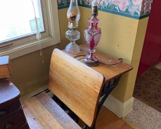 Antique Minneapolis Office & School Furniture Co. Student Desk, and Lamps