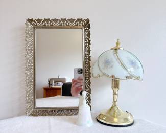 Vintage 3-Way Gold Tone Touch Accent Lamp 6 Swoop Blue Floral Glass Panels, vanity tray mirror gold tone filigree metal frame