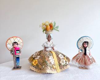 vintage Bahamian souvenir straw doll fruit head doll, vintage Mexican souvenir dolls