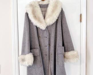 vintage sears fashion 1960s gray wool blend coat double breasted design fuax fur trim