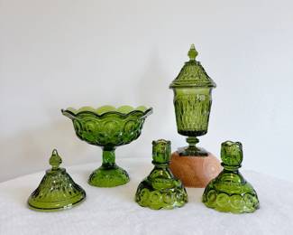 Le Smith Moon And Stars Glass Candle Holder Slag Opalescent Light Green, le smith moon and stars green pedestal compote, indiana glass lidded candy dish mount vernon pattern green