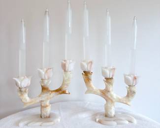 Pair of Vintage Heavy Onyx Marble Flower Tulip Candle Stick Holders