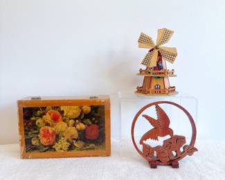 vintage decoupage jewelry trinket box floral bird motif, vintage mini souvenir dutch wooden windmill